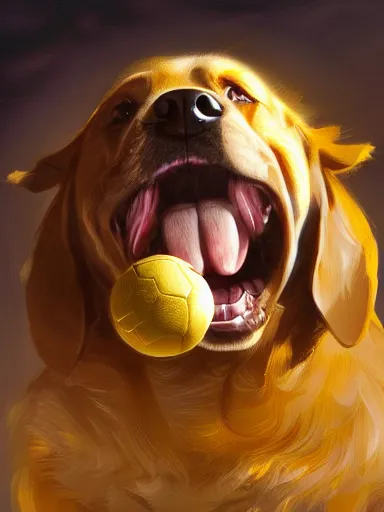 Prompt: a dog trying to bite a ball too big for his mouth. intricate, elegant, highly detailed, digital painting, artstation, concept art, sharp focus, illustration, by justin gerard and artgerm, 8 k