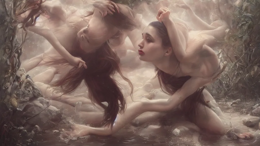 Image similar to Falling in again by Stanley Artgerm and Tom Bagshaw, oil on canvas