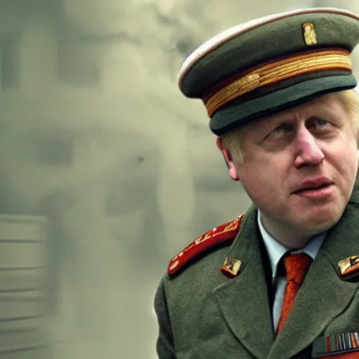 Prompt: movie scene boris johnson in ussr soldiers uniform, photorealistic, highly detailed 8 k