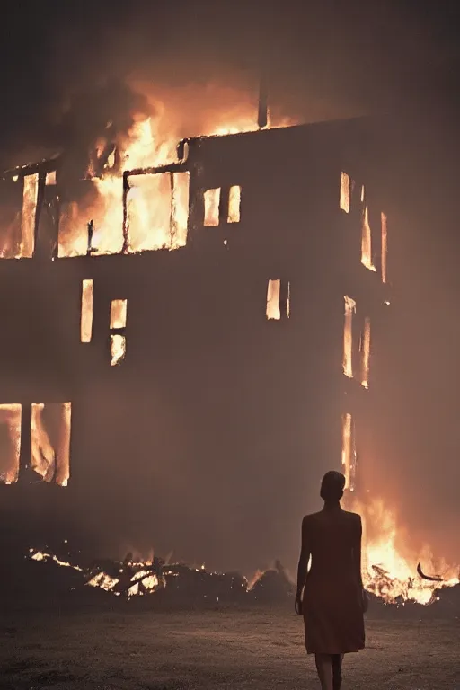 Image similar to Gregory Crewdson Phography, A woman walks calmly while her house is on fire