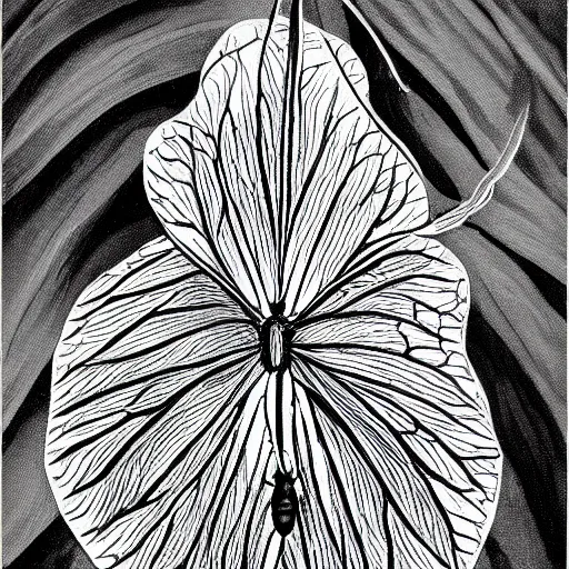 Prompt: insect, black and white, botanical illustration