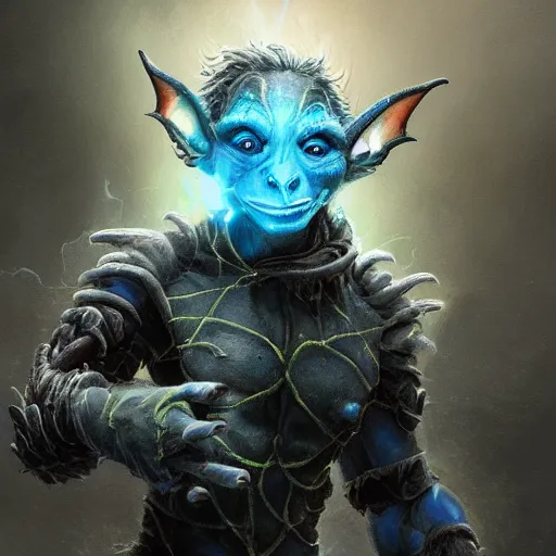 Prompt: a highly detailed goblin with grey skin and blue eyes that glow, like magic the gathering, goblin chainwalker, caught in a tornado, digital art, by christopher rush