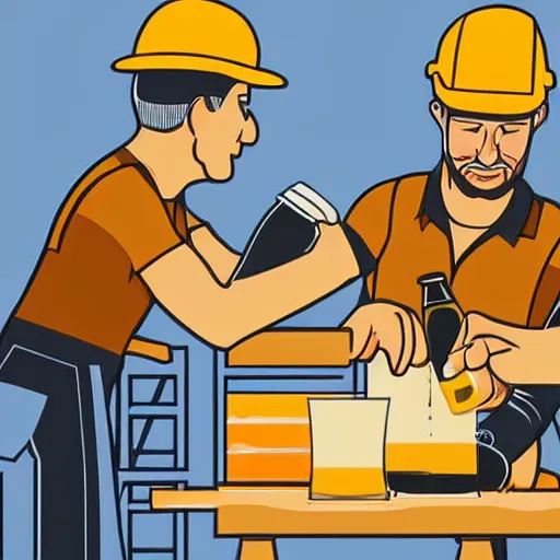 Prompt: A digital painting of a construction worker pouring himself and his colleagues a glass of beer. Blood seeps from a small wound in his hand from a small accident earlier.