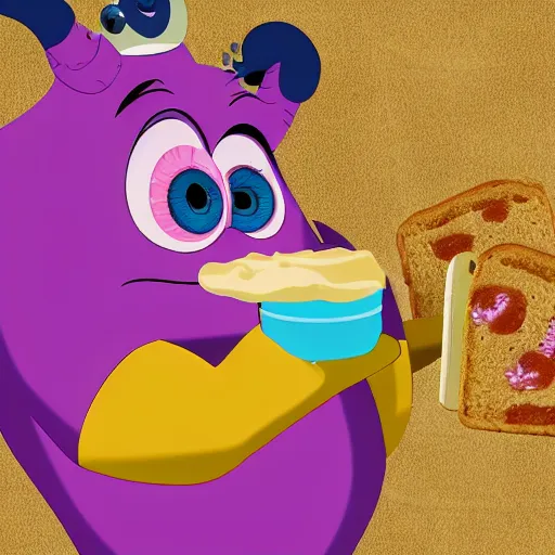 Prompt: photorealistic sully from monsters, inc. eating a peanut butter and jelly sandwich, award winning photography, cinematic