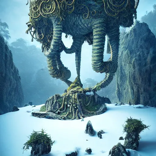 Image similar to ancient fallen god, lush trunda vegetation, snow :: by Michal Karcz, Daniel Merriam, Victo Ngai and Guillermo del toro :: ornate, dynamic, particulate, intricate, elegant, highly detailed, centered, artstation, smooth, sharp focus, octane render, 3d