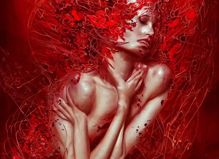 Prompt: woman loves and sit upon a scarlet coloured beast, pain, light effect, hyper detailed, intricate, elegant, highly detailed, digital painting, artstation, concept art, matte, sharp focus, illustration, by james jean, andrei riabovitchev, marc simonetti, yoshitaka amano