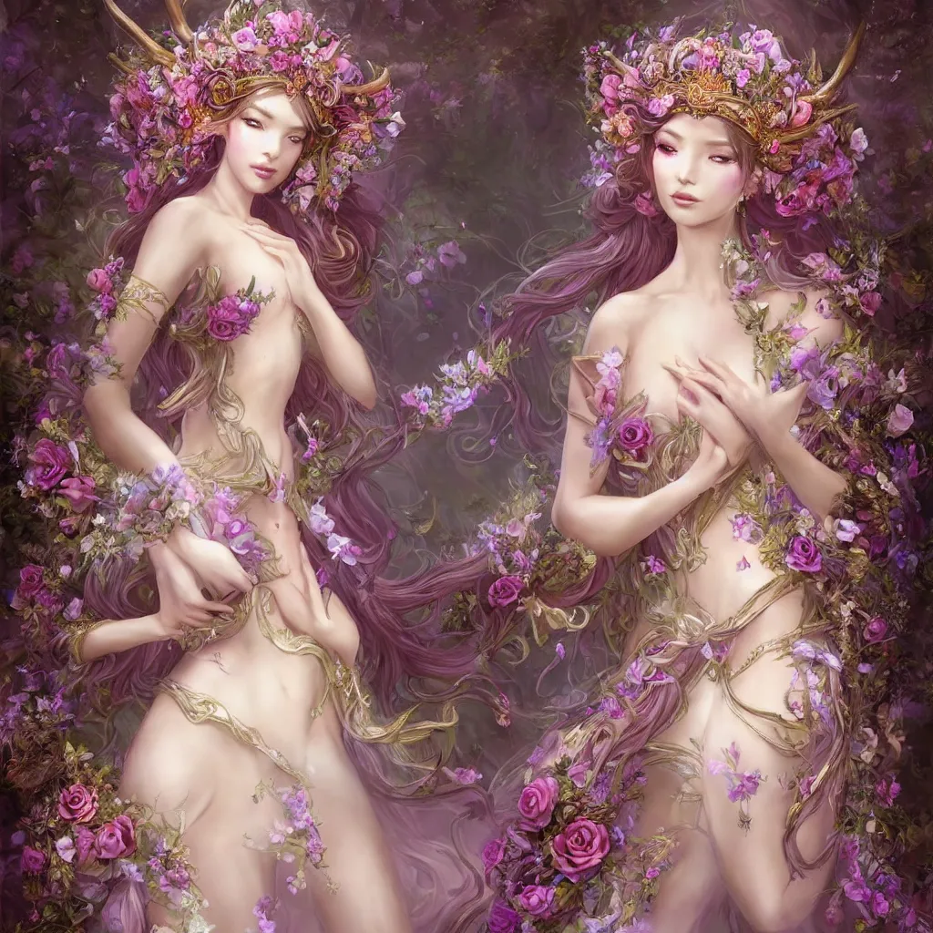 Image similar to A beautiful fantasy empress, highly detailed full body, just one head, flower tiara, long hair, wearing dramatic aristocrat robe, delicate figure, field of fantasy flowers, foxes and deer, epic composition, ultra wide-shot, dynamic pose, concept art, dramatic lighting, digital painting, smooth, character design, ((sharp focus)), elegant, intricate, artstation, by WLOP and James Jean and Victo Ngai