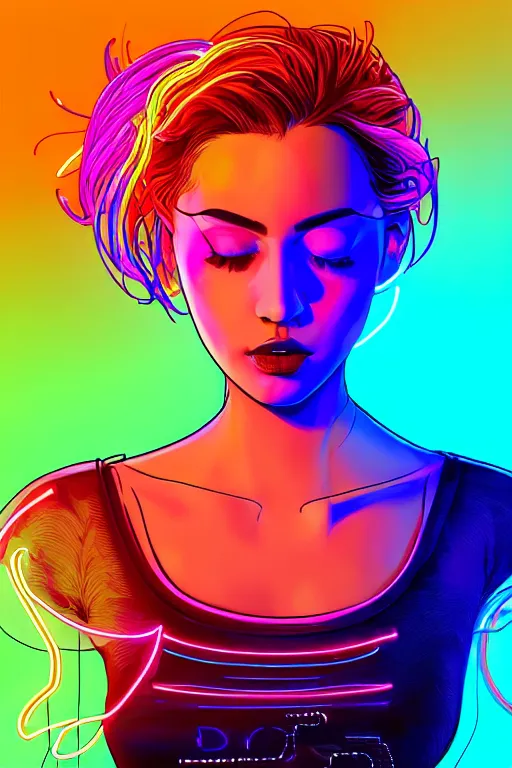 Image similar to a award winning half body portrait of a beautiful woman with stunning eyes in a croptop and cargo pants with hair made from rainbow colored smoke, outlined by whirling illuminated neon lines, outrun, vaporware, shaded flat illustration, digital art, trending on artstation, highly detailed, fine detail, intricate