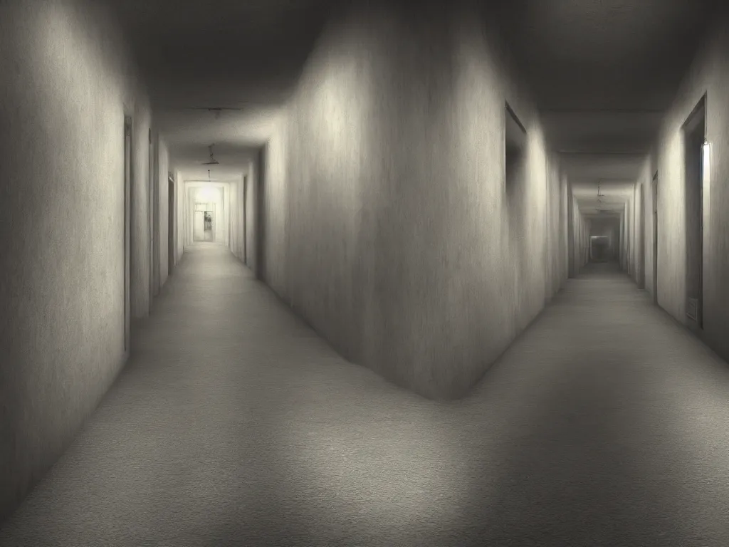 Image similar to dark and dim corridor, haunted, long exposure, detailed, hyper realistic, photorealism, ultra wide angle view, cinematic, peaceful, volumetric lighting