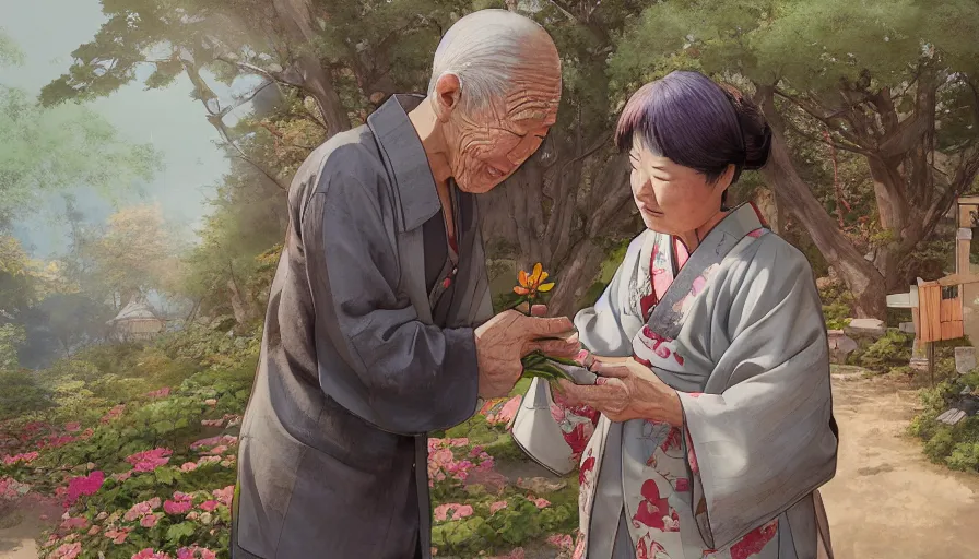 Prompt: old japanese man giving flower to his wife, sunny day, japanese village, mange style, hyperdetailed, artstation, cgsociety, 8 k