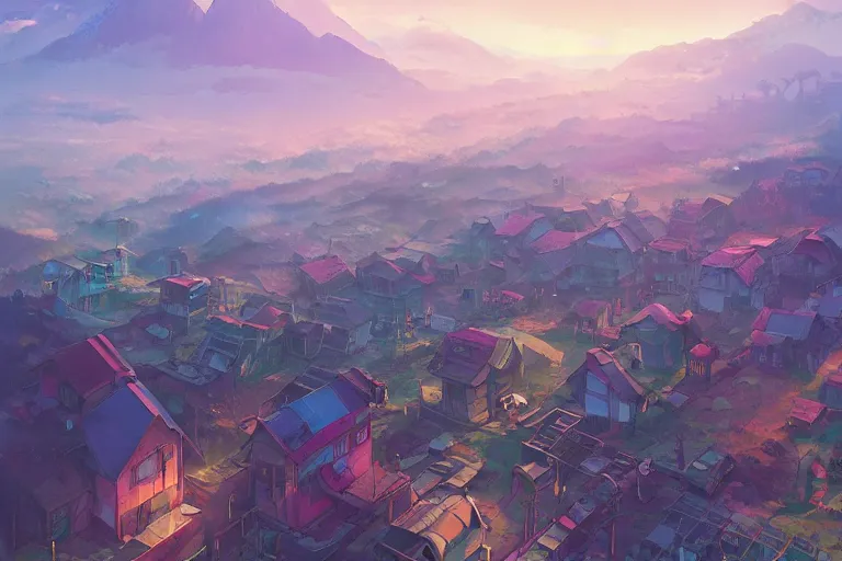 Image similar to abandoned steam punk village on a mountain look from above, fogged in the colorful clouds style of makoto shinkai studio ghibli, james gilleard greg rutkowski chiho aoshima, rule of thirds golden ratio, fake detail, trending pixiv fanbox