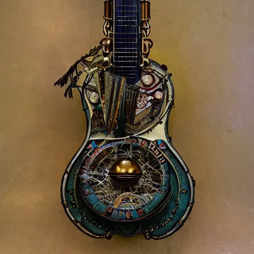 Prompt: photo of an eccentric steampunk electric guitar with ornaments, ultra realistic, vapor tubes, clock, mucha, art deco, art nouveau, neo goth, goth, cyberpunk