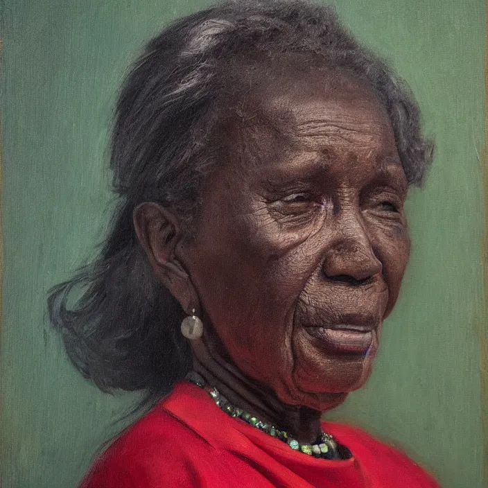 Image similar to a painting of a elder woman by Lynette Yiadom-Boakye . details, smooth, sharp focus, illustration, realistic, cinematic, artstation, award winning, rgb , unreal engine, octane render, cinematic light, macro, depth of field, blur, red light and clouds from the back, highly detailed epic cinematic concept art CG render made in Maya, Blender and Photoshop, octane render, excellent composition, dynamic dramatic cinematic lighting, aesthetic, very inspirational, arthouse.