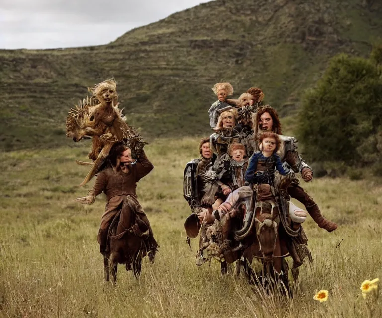 Image similar to 70mm still from a sci fi blockbuster movie made in 2022, set in 1860, of a family riding on the back of alien creatures, on an alien planet, across the alien landscape that is full of strange wild alien plants and flowers, family are wearing 1850s era clothes, good lighting, 8k, in focus faces, good quality photography