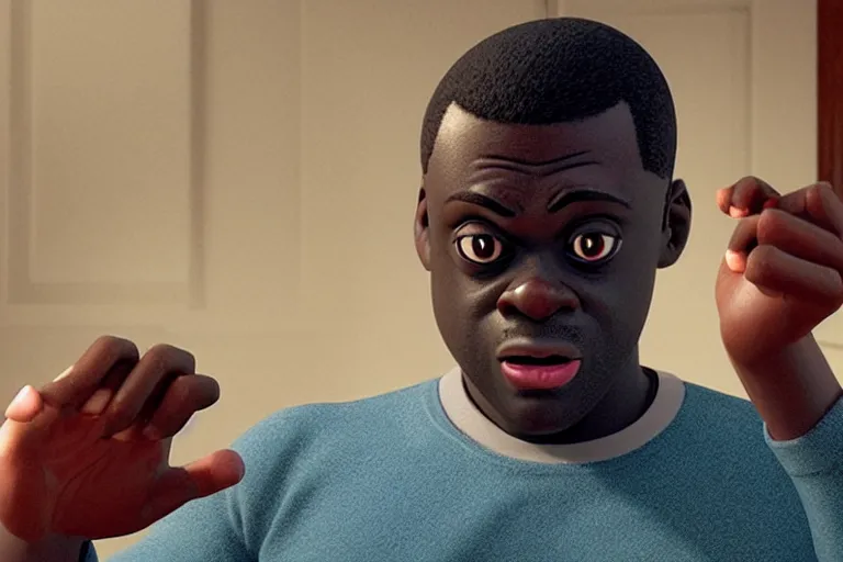 Prompt: get out ( 2 0 1 7 ), chris is being hypnotized, tears on his face, mouth slightly agape, daniel kaluuya, anatomically accurate hand, 5 detailed fingers, medium portrait shot, pixar disney style, pixar studios, animated, cgstation, octane render, film still, best animation, visual effects