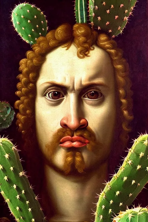 Image similar to renaissance painting of evil men, portrait, angry face closeup, emotions closeup, dressed in spartan armour, the beautiful garden with cactus bush everywhere, ultra detailed, art by guido reni style, vincenzo catena style