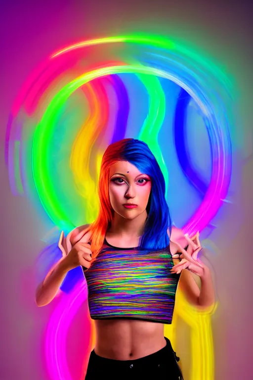 Image similar to a award winning half body portrait photograph of a beautiful woman with stunning eyes in a croptop and cargo pants with rainbow colored hair, routlined by whirling illuminated neon lines, fine rainbow colored lines swirling in circles, outrun, vaporware