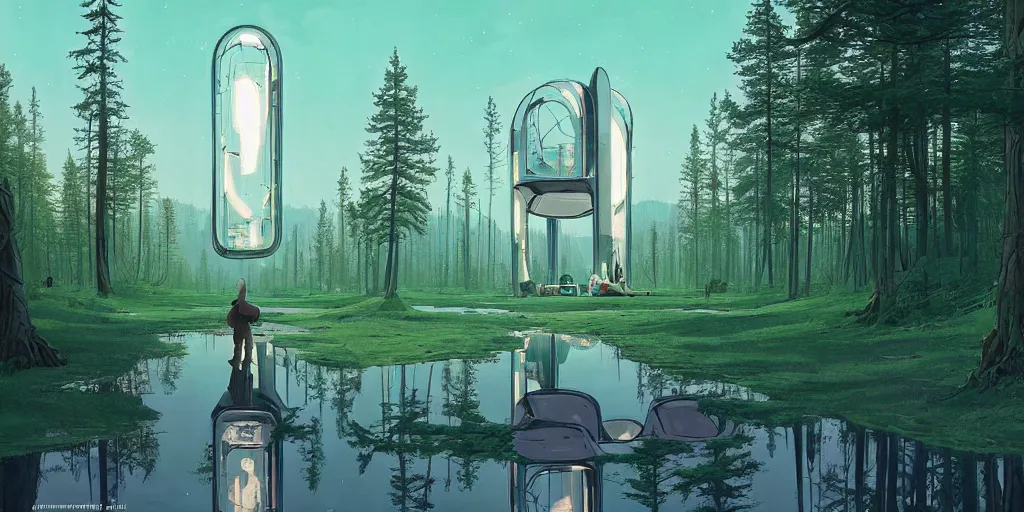 Prompt: mirror portal utopian, clean, modern, emerald, futuristic, by simon stalenhag, kim jung gi, james gurney