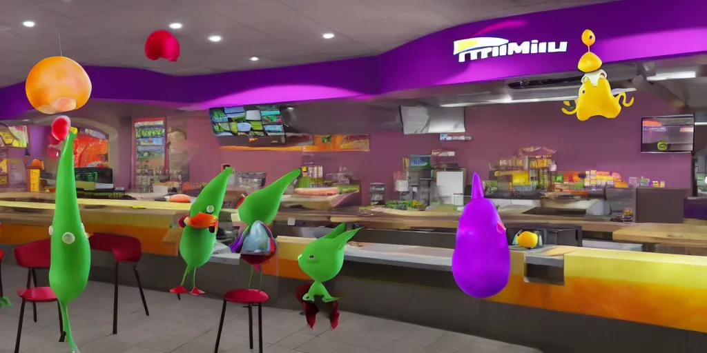 Image similar to pikmin inside of taco bell, realistic, found footage