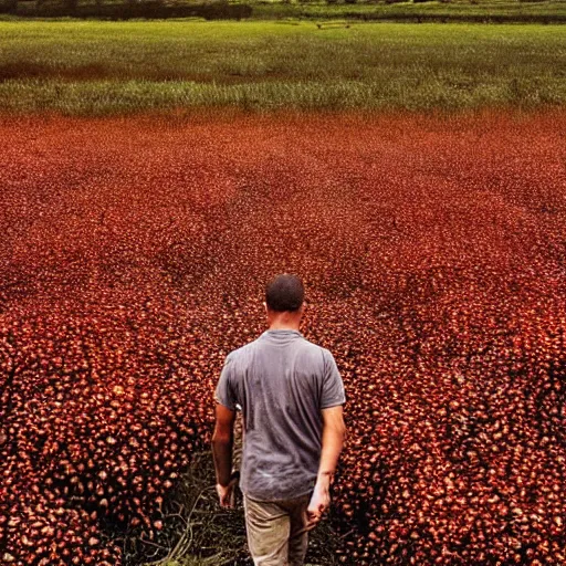 Image similar to “8k photograph man walking through field of mushrooms. National Geographic.”