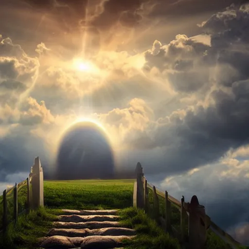 Prompt: heaven, puffy white clouds, cinematic, dramatic, cinematic lighting, godrays, lightrays from the sun, heavens gate, big white pearly gates, god, jesus, sheep, white clouds, stairway to heaven, extremely intricate, highly detailed, 8 k, beautiful scenery, digital art