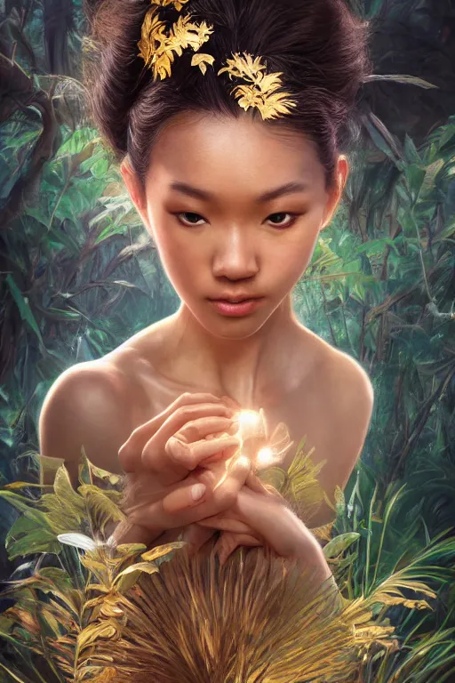 Prompt: stunningly beautiful, filipina prima ballerina in jungle, symmetrical face, golden hour, smooth, focus, highly detailed, hyper realistic, dramatic lighting, elegant, intricate, concept art, low angle, art by wlop, mars ravelo, greg rutowski, artstation