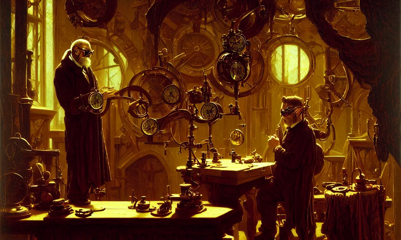 Image similar to The watchmaker by Albert Bierstadt and Gerald Brom and Dan Mumford, Metallic objects, old man, goggles, low light