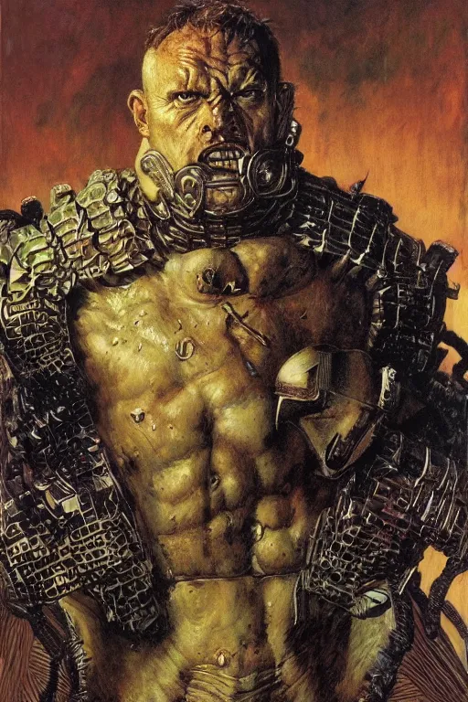 Image similar to upper body and head portrait of hulking armoured warrior kingpin by lawrence alma tadema and zdzislaw beksinski and norman rockwell and jack kirby and tom lovell and greg staples