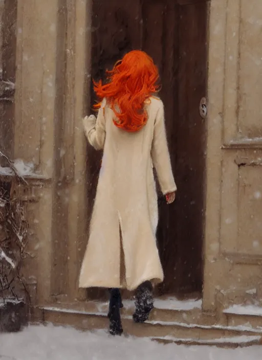 Image similar to back of emma stone in beige coat, orange hair, walking into new york apartment building in winter, opening door, building entrance, artwork by gaston bussiere, craig mullins, trending on artstation