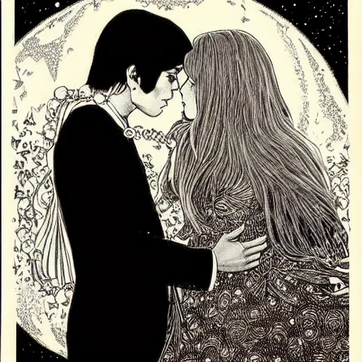 Image similar to 1 9 6 0 s drawing symmetrical pretty elegant brigitte bardot as a vampire kissing alain delon, very detailed intricate!!! intaglio, style of ( takato yamamoto )!!!, moon and stars