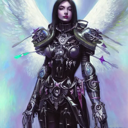 Prompt: Portrait of gothic angel girl in armor from warhammer 40000 elegant, vibrant, futuristic, dark fantasy, intricate, smooth, artstation, painted by edgar maxence, greg rutowski, ross tran, artgerm