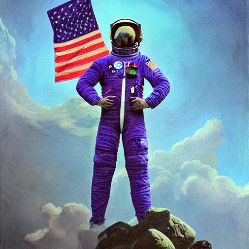 Prompt: A beautiful experimental art of a astronaut standing on a planet with a flag in the background. electric purple, crazing by Sabbas Apterus, by Eadweard Muybridge stormy