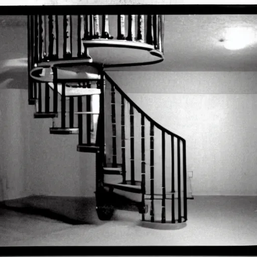 Prompt: found footage of spiral staircase in the basement of a mid - century home descending into darkness, hi - 8 camera, night vision