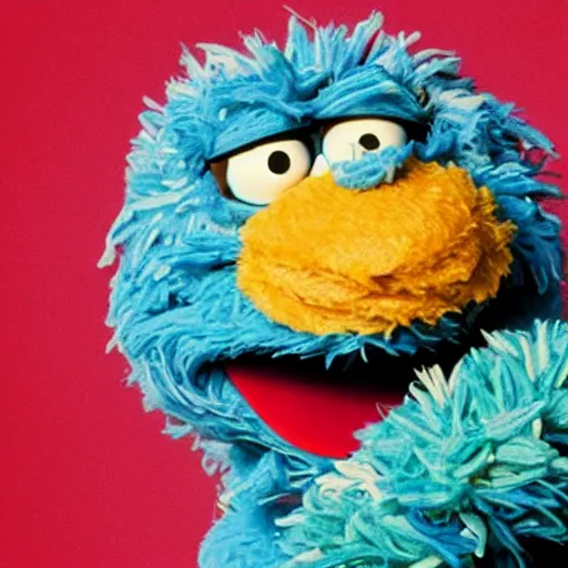Prompt: Cookie Monster Muppet on Sesame Street smoking weed, happy