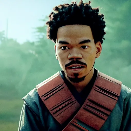 Image similar to cinematic film still of Chance The Rapper starring as a Samurai holding fire, Japanese CGI, VFX, 2022, 40mm lens, shallow depth of field, film photography