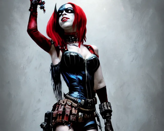 Prompt: highly detailed portrait of fairuza balk carter as harley quinn, in batman : arkham knight, stephen bliss, unreal engine, fantasy art by greg rutkowski, loish, rhads, ferdinand knab, makoto shinkai and lois van baarle, ilya kuvshinov, rossdraws, tom bagshaw, global illumination, radiant light, detailed and intricate environment