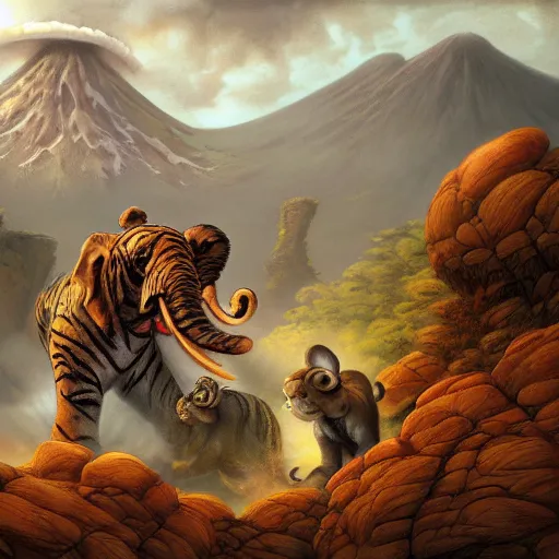 Image similar to a tiger, an elephant and a rabbit running away from a volcano by justin gerard, deviantart