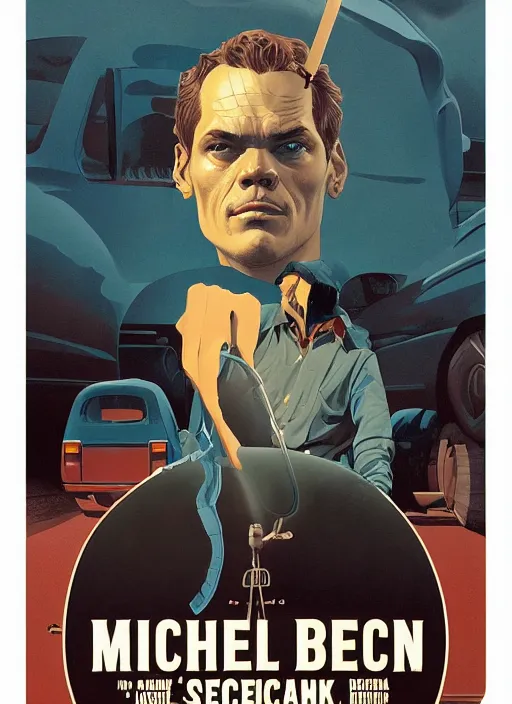 Image similar to poster artwork by Michael Whelan and Tomer Hanuka, Karol Bak of portrait of Michael Shannon!! the local mechanic clerk at the auto store, from Twin Peaks, clean, simple illustration, nostalgic, domestic, full of details