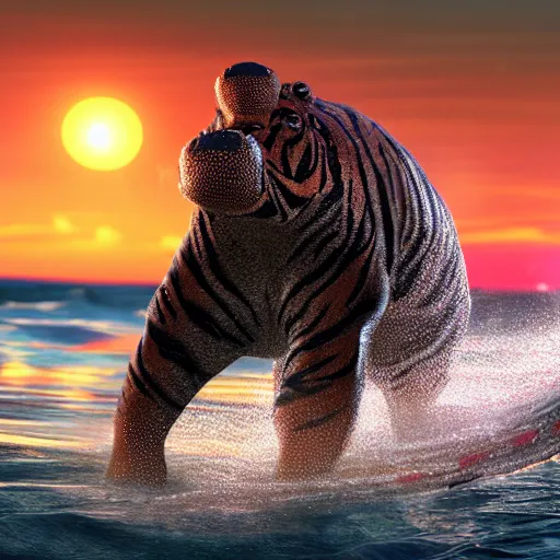 Prompt: a closeup photorealistic photograph of a cute smiling knitted tiger hippopotamus chasing after beachballs during sunset. surf in background. professional capture. this 4 k hd image is trending on artstation, featured on behance, well - rendered, extra crisp, features intricate detail, epic composition and the style of unreal engine.