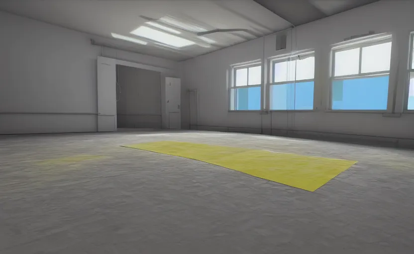 Image similar to empty room, open floor, large random with colourful 3 d objects, unreal engine and v - ray render.