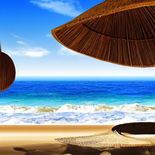 Image similar to oval-shaped woks on a beach with ocean in the background, photorealistic, 8k