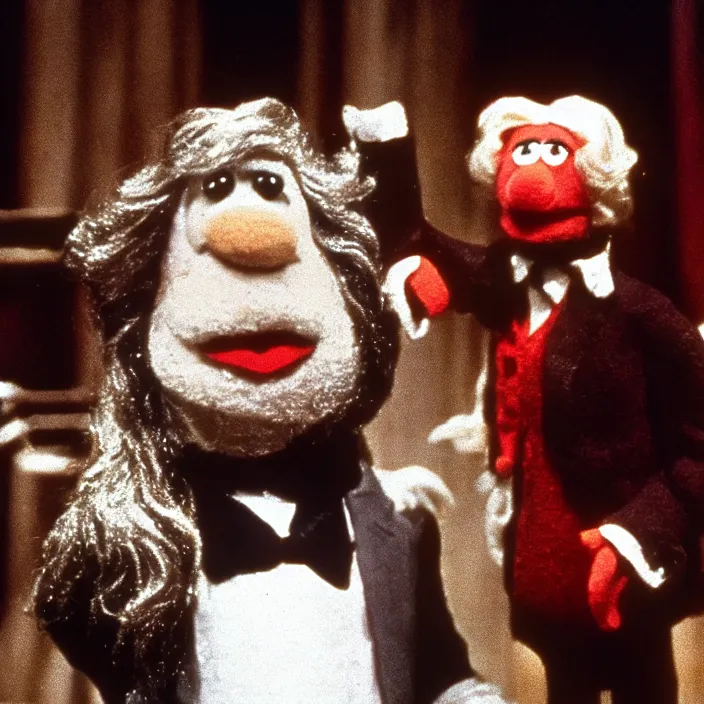 Prompt: 70s movie still of Karl Marx as a puppet in the muppet show, heavy grainy picture cinemastill 800t 18mm