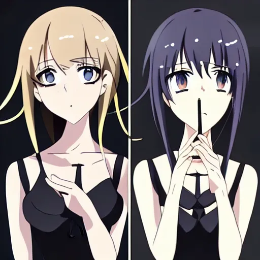 Prompt: adult woman, black dress, rooftop party, symmetrical faces and eyes symmetrical body, middle shot waist up, Kyoto animation, Wit studio anime, romantic lighting, 2D animation