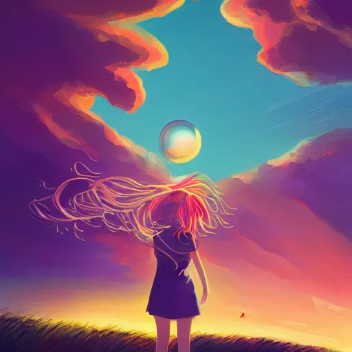 Image similar to a girl reading a book, her hair flowing down, surreal photography, sunrise dramatic light, impressionist painting, colorful clouds, large sky, digital painting, artstation, simon stalenhag, flower face