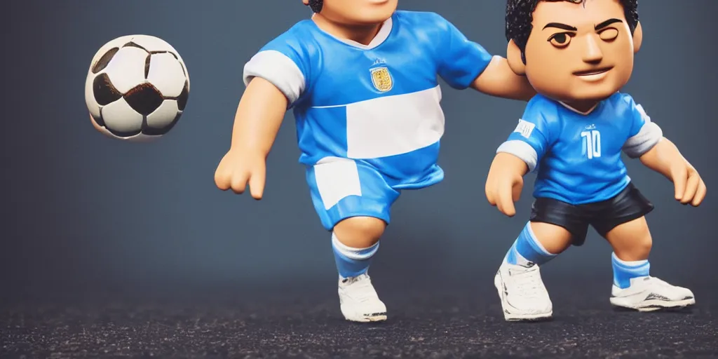 Image similar to funko pop of young thing maradona with big head, argentina t - shirt, smile, no beard, stand with a ball under his left foot, max resolution, high contrast, cinematic, light cinematic, volumetric, realistic, cinematic lighting, octane render, hyper realistic