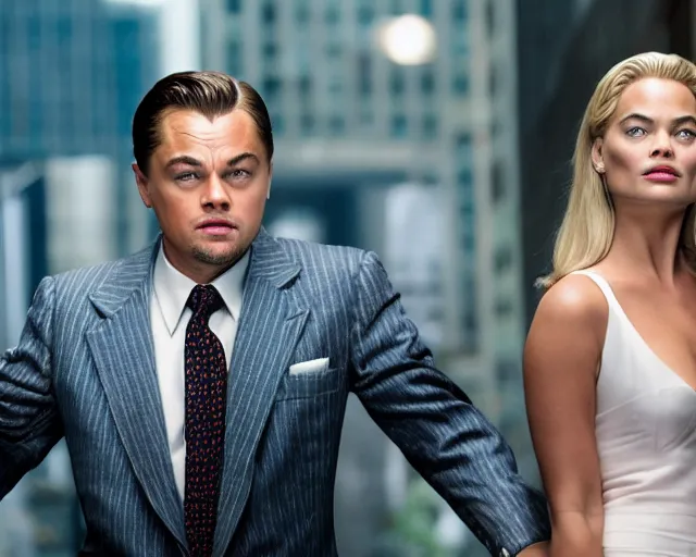 Image similar to leonardo dicaprio as the wolf of wall street next to margot robbie as naomi from the wolf of wall street, hyper realistic faces, detailed and hyper realistic eyes, cinematic, long shot, hyper detailed, 8 5 mm photograph, 8 k resolution, film still, sharp lens, wide lens