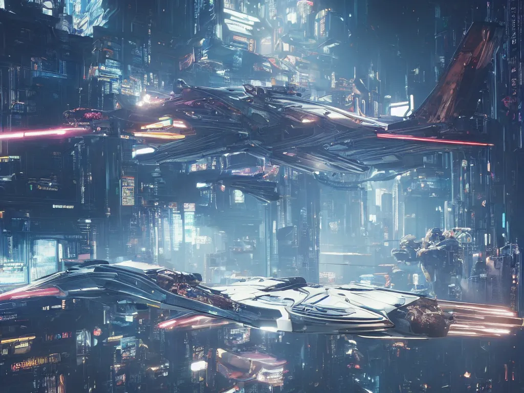 Image similar to ( cyberpunk 2 0 7 7, bladerunner 2 0 4 9 ) scientists creating an artificial alien highly detailed futuristic biomechanical thick smooth quad wing combat spaceship in their spaceship lab, hyper realistic, highly detailed, sharp focus, depth of field, photography, natural light,, ultra detailed, photorealistic, by brian sum and annie leibowitz, - t