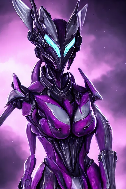 Image similar to cinematic bust shot, detailed elegant beautiful stunning giant robot mecha hot female goddess dragon, sharp spines, sharp metal ears, smooth purple eyes, smooth fuschia skin, elegant smooth silver armor, nebula size, space, epic proportions, epic scale, warframe fanart, macro giantess, furry art, dragon art, goddess art, giantess art, furaffinity, octane