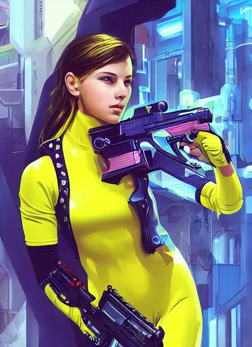 Image similar to beautiful cyberpunk female athlete in yellow jumpsuit. cyber chick firing a futuristic red automatic pistol with huge magazine. ad for pistol. cyberpunk poster by james gurney, azamat khairov, and alphonso mucha. artstationhq. gorgeous face. painting with vivid color, cell shading. ( rb 6 s, cyberpunk 2 0 7 7 )