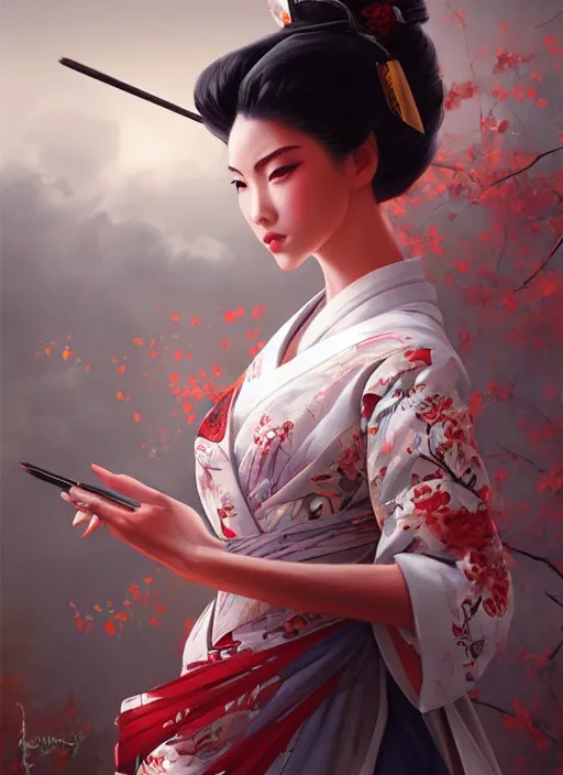 Image similar to hyper realistic geisha, by artgerm, background by greg rutkowski